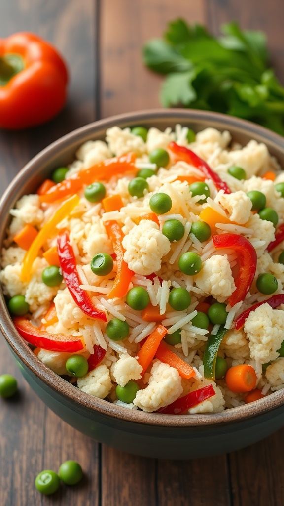 A bowl of cauliflower rice stir-fry with colorful vegetables.