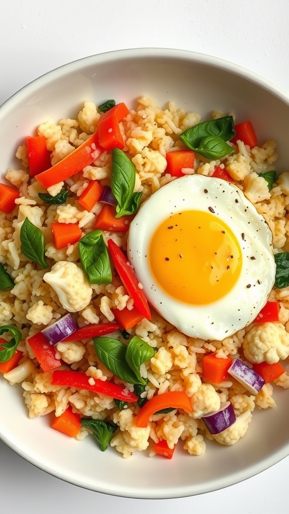 A bowl of cauliflower rice stir-fry with red bell peppers, purple onions, fresh basil, and a sunny-side-up egg on top.