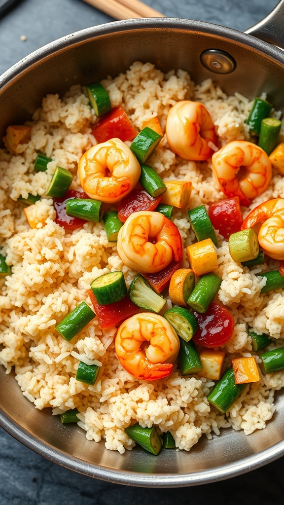 A bowl of cauliflower rice stir-fry with shrimp and colorful vegetables.