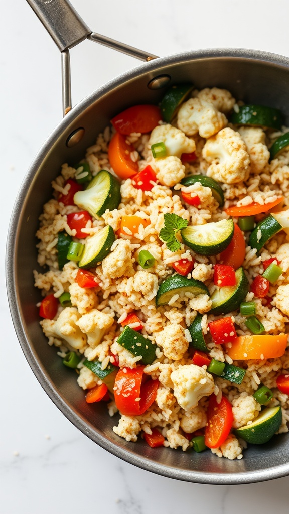 A colorful stir-fry featuring cauliflower rice and various vegetables.