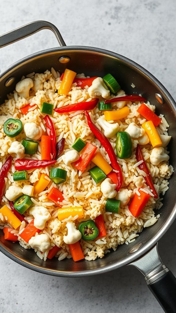 A colorful Cauliflower Rice Stir-Fry with assorted vegetables in a pan.