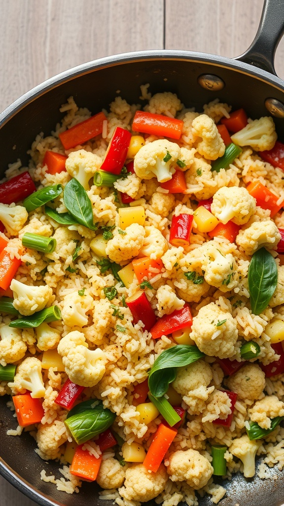 A colorful cauliflower rice stir-fry with bell peppers and green onions in a skillet.