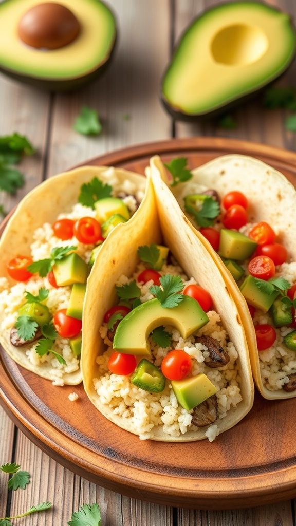Three cauliflower rice tacos filled with fresh vegetables and avocado on a wooden plate.