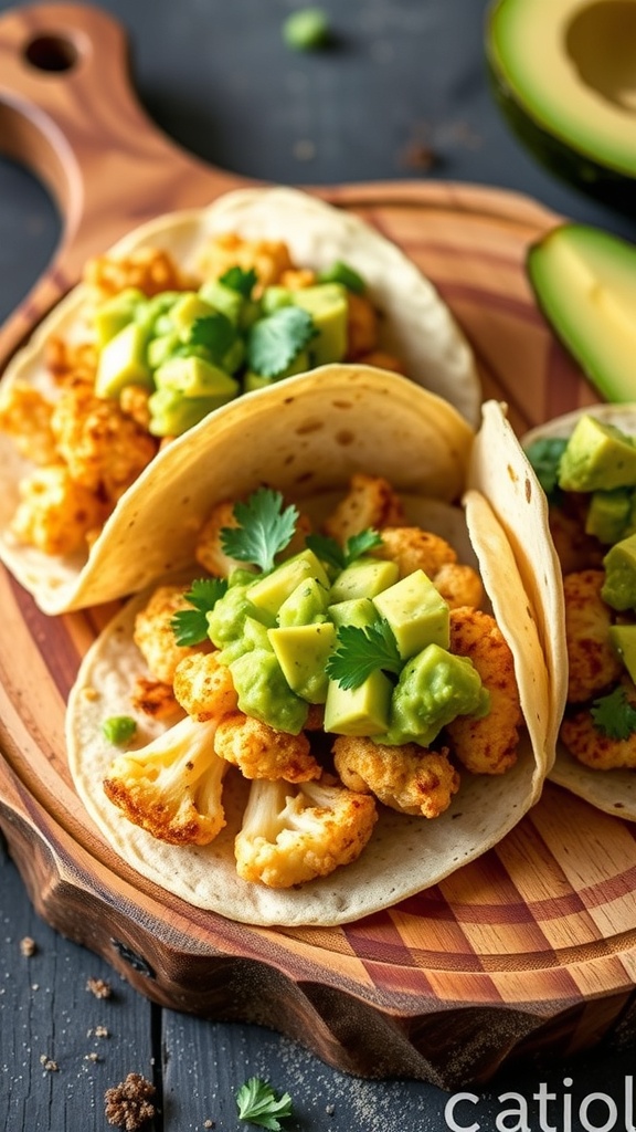 Cauliflower tacos topped with avocado salsa on a wooden cutting board.