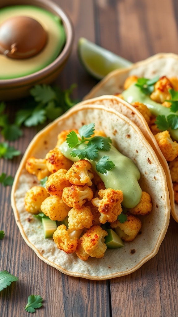 Two cauliflower tacos topped with avocado sauce and cilantro on a wooden table.