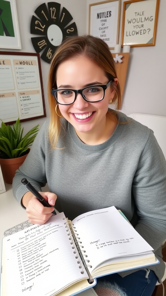 A woman with glasses happily writing in a planner, showcasing a positive attitude towards celebrating small achievements.