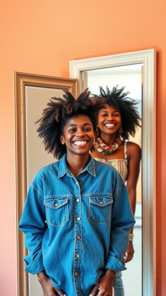 Two women smiling joyfully in front of a mirror with a warm orange background.