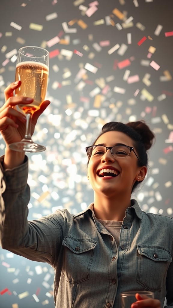 A woman joyfully raises her glass in a festive atmosphere, surrounded by colorful confetti.