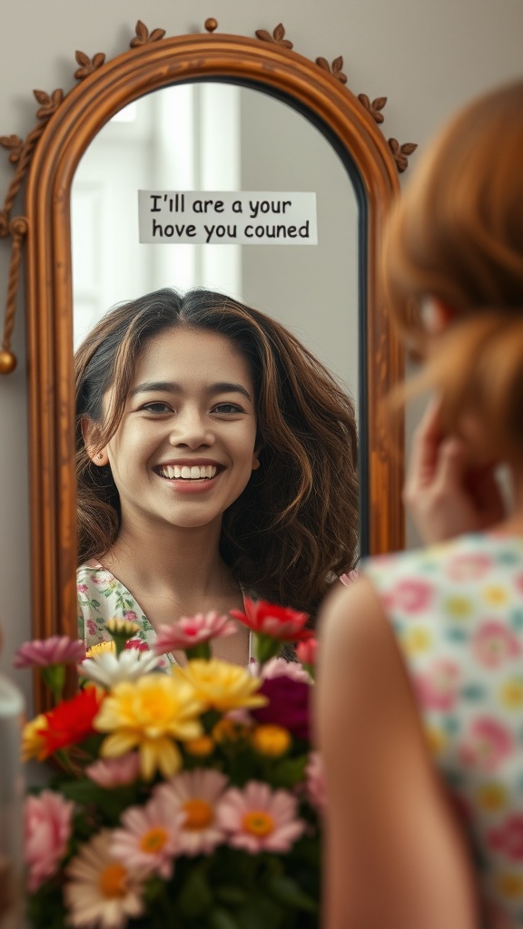 A smiling woman looking into a mirror with flowers in front of her, capturing a moment of self-acceptance and joy.