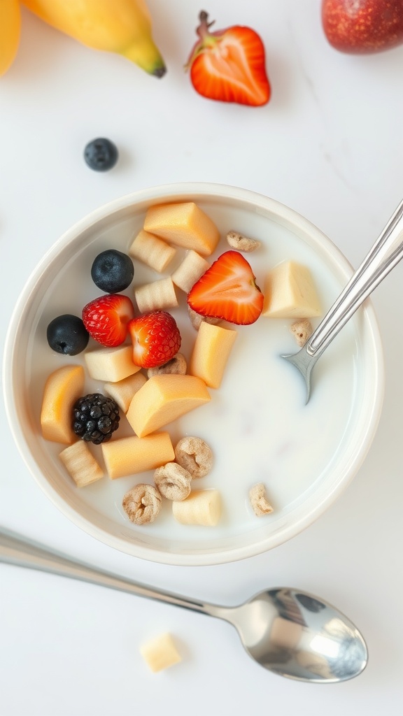 A bowl of cereal with milk topped with fresh fruit, including strawberries, blueberries, and melon.