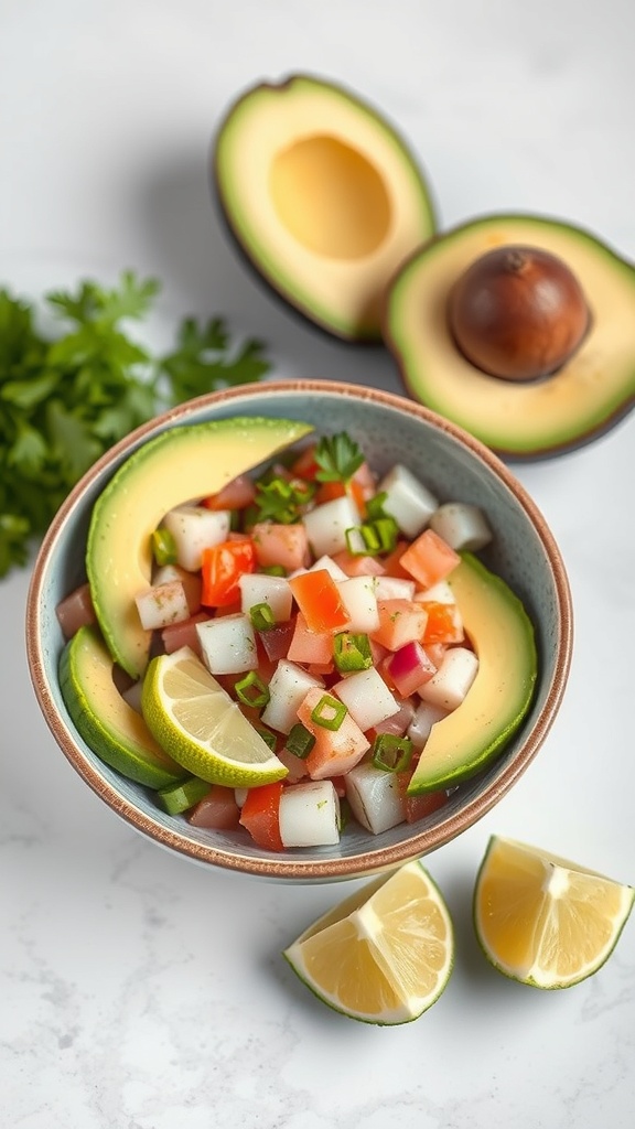 A bowl of ceviche with avocado slices, lime wedges, and fresh ingredients.