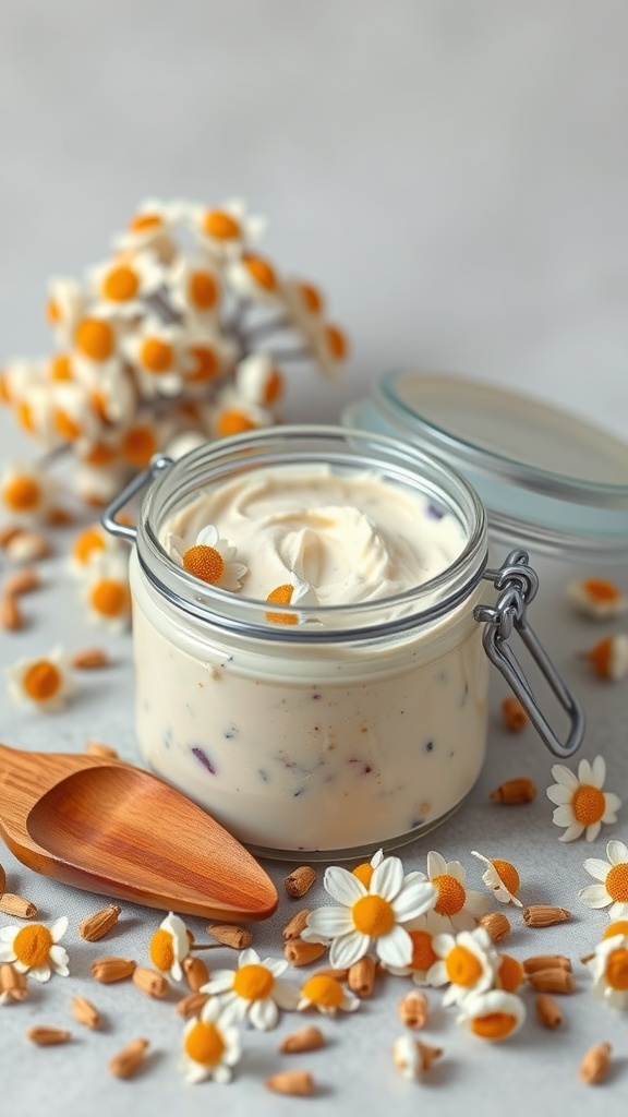 A jar of chamomile infused body butter surrounded by chamomile flowers and seeds.