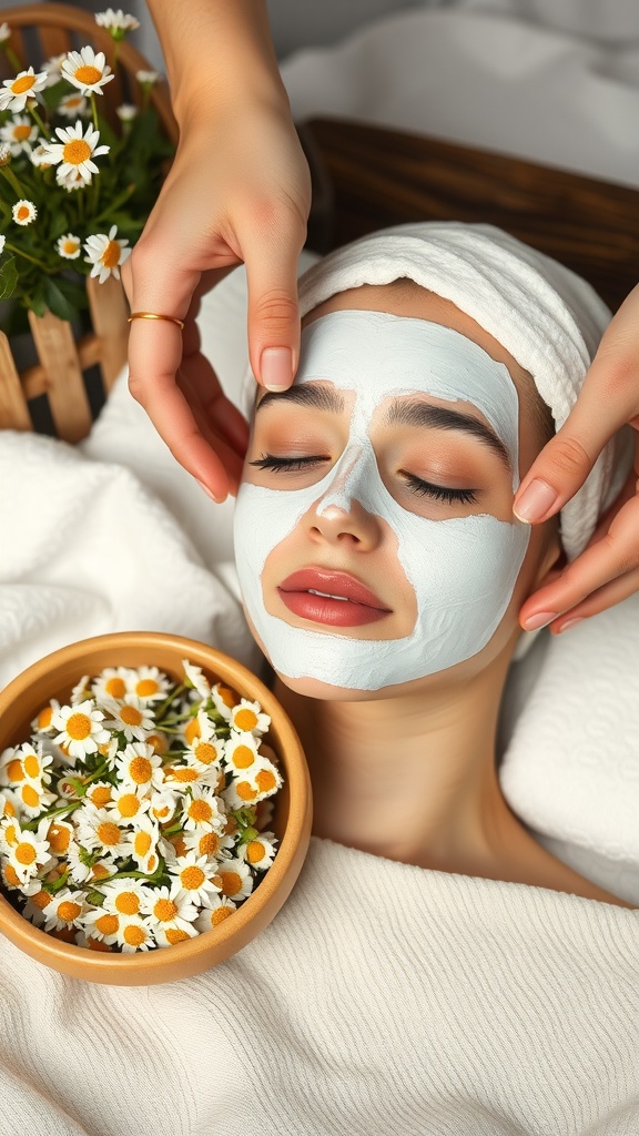 A person receiving a chamomile infused face mask treatment, with a bowl of chamomile flowers nearby.