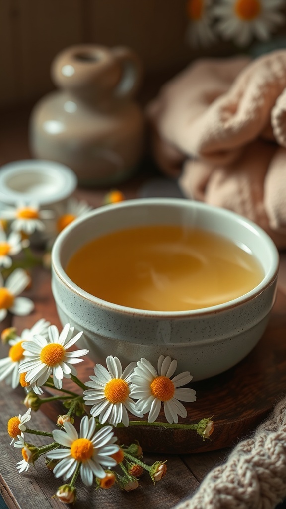 A bowl of chamomile infusion with fresh daisies, cozy textile in the background.