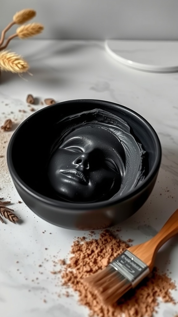 A black bowl containing a charcoal and bentonite clay mask, surrounded by natural elements like dried plants and powder.