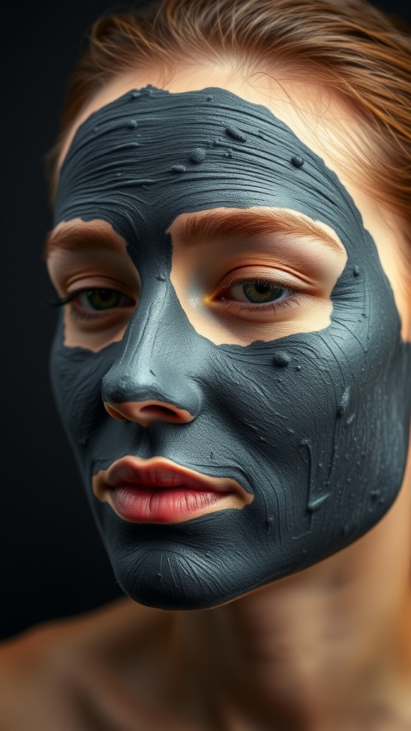 A close-up of a person with a charcoal detox cleansing mask applied to their face, showcasing its dark, smooth texture.