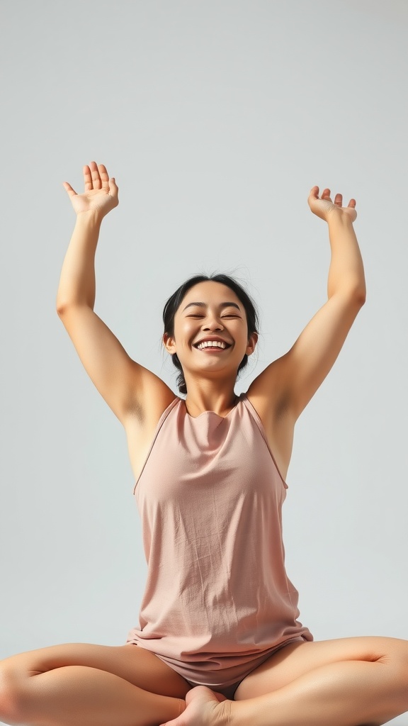 A person practicing facial yoga with arms raised and smiling
