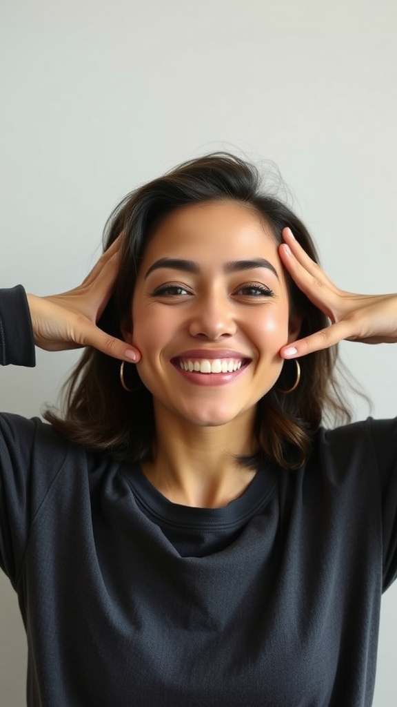 A smiling woman demonstrating the cheek lift technique in a casual setting.