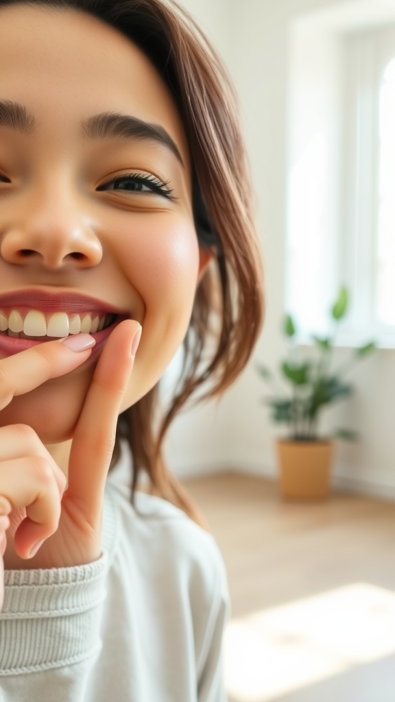 A young woman smiling, demonstrating the cheek lift technique for face yoga.
