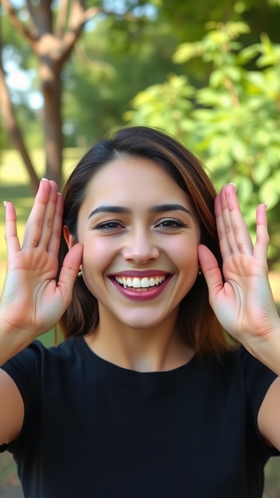 A person smiling widely with hands on their cheeks, demonstrating a face yoga move.