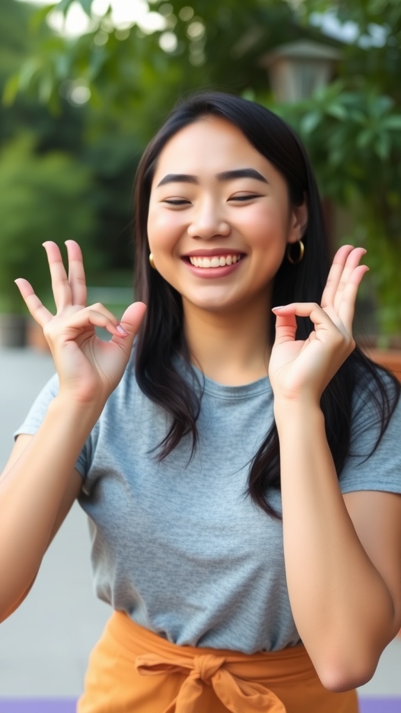 A woman smiling while demonstrating the Cheek Lifter face yoga move