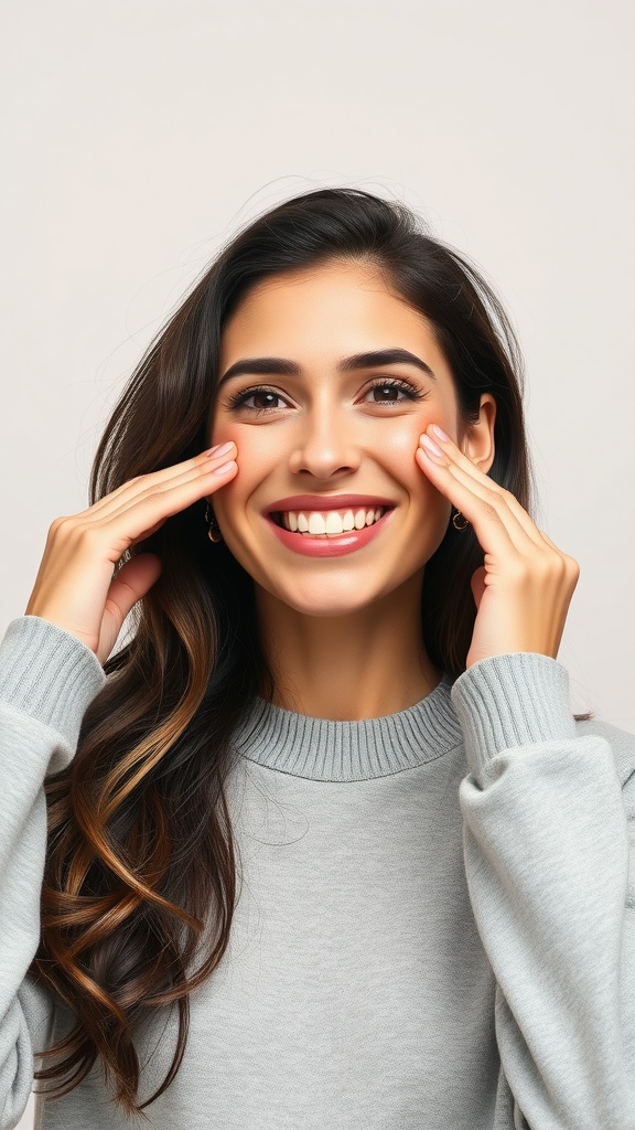 A woman smiling with her hands on her cheeks, demonstrating the Cheek Lifter exercise.