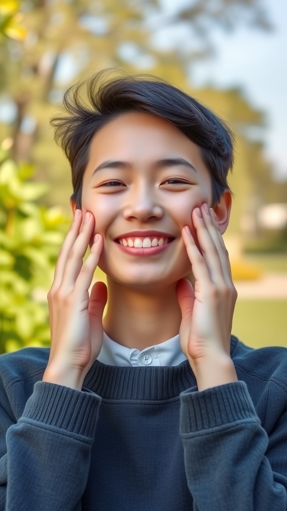 A young person smiling and lifting their cheeks with their hands outdoors