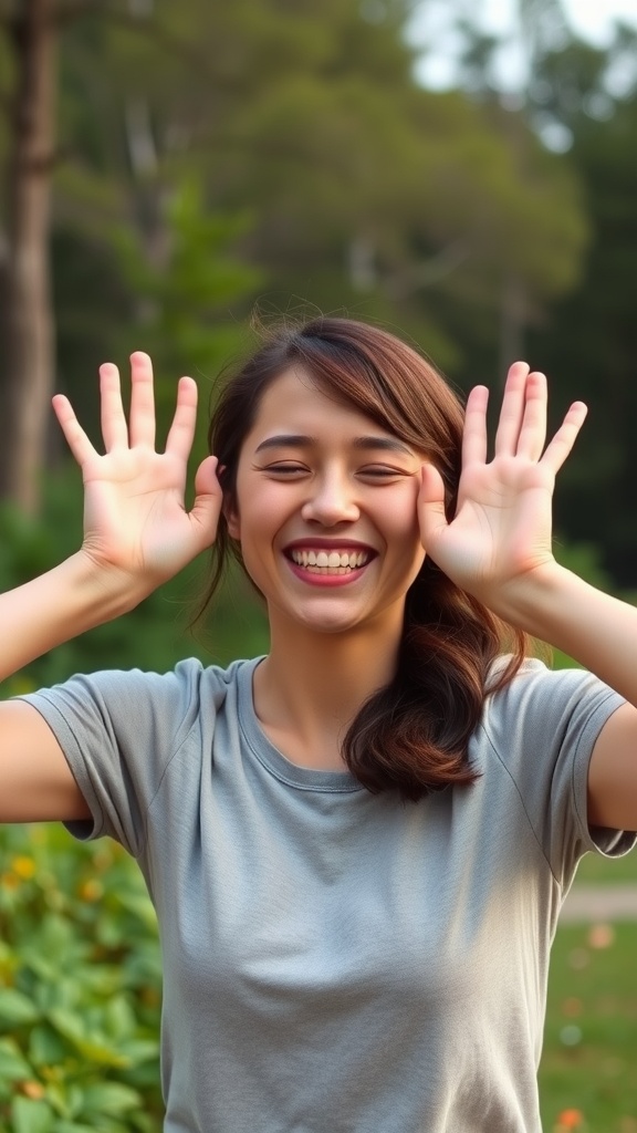 A cheerful person outdoors demonstrating a cheek lifting exercise with hands raised beside their cheeks.