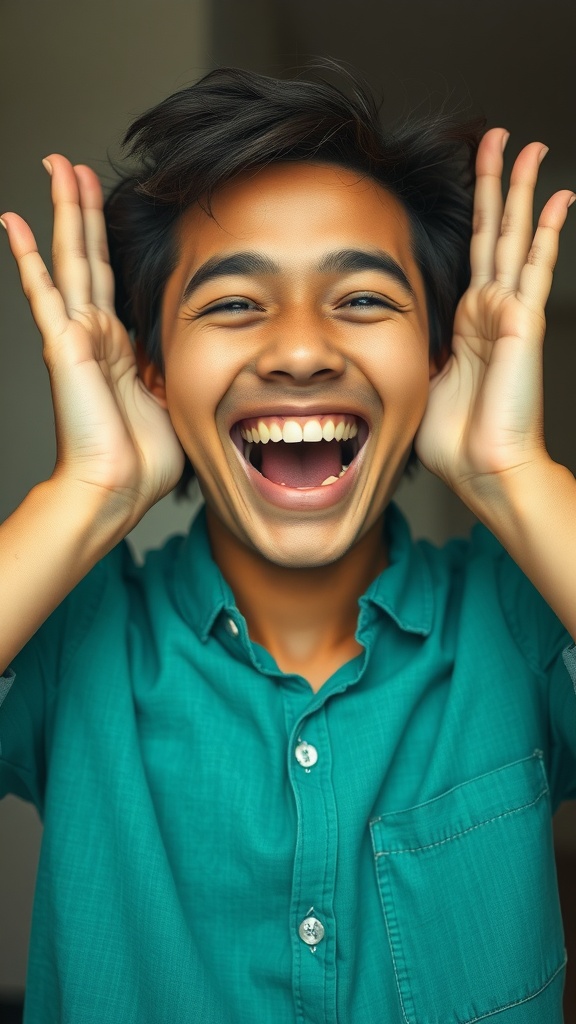 A joyful person smiling with their hands on their cheeks, illustrating a cheek lifting exercise.