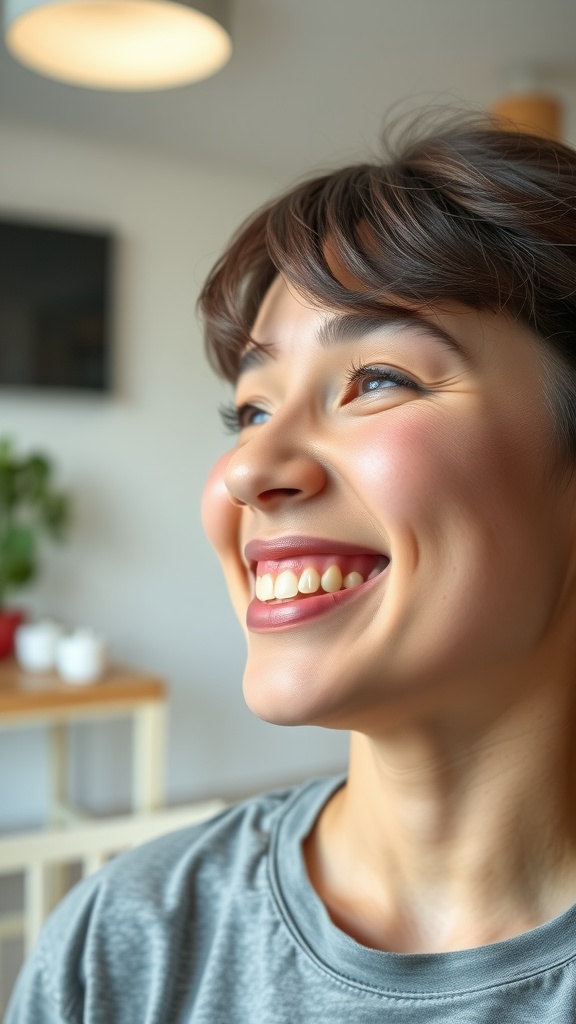 A smiling person showcasing a bright and lifted face, illustrating the Cheek Lifting Maneuver.