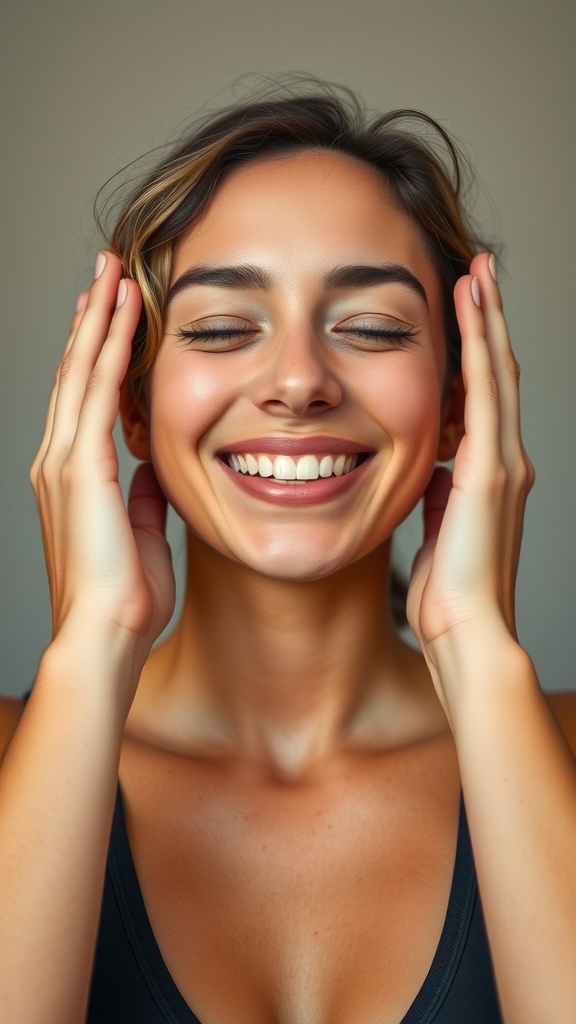 A woman smiling with her hands on her cheeks, practicing the Cheek Lifting Pose.