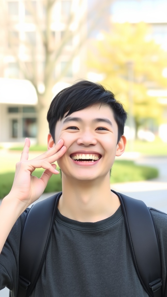 A young person smiling broadly with fingers on their cheeks demonstrating the Cheek Lifting Smile.