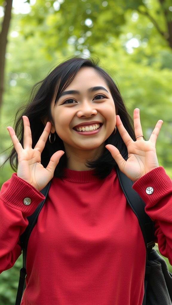 A person with a bright smile demonstrating the Cheek Lifting Smile Technique with hands on their cheeks, surrounded by greenery.