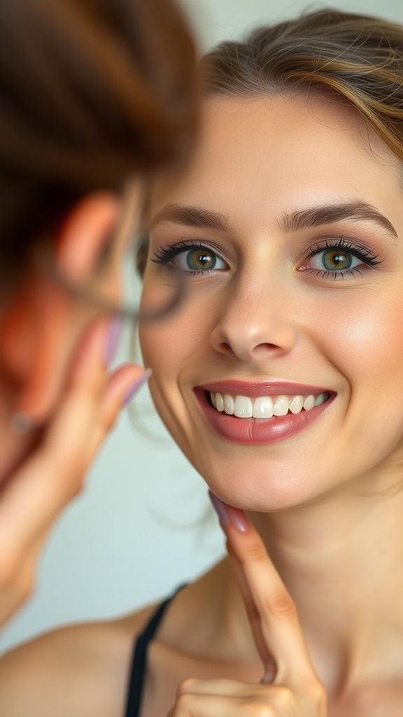 A woman smiling with glowing cheeks while looking in the mirror