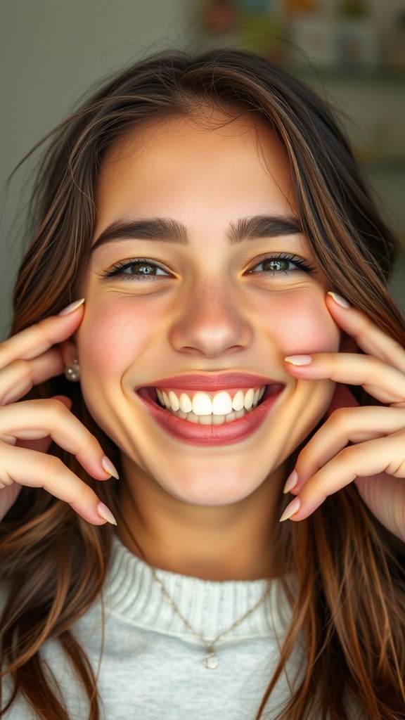 A young woman smiling widely, showcasing her joyful expression with her hands on her cheeks.