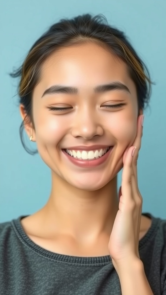 A person smiling and lifting their cheek with their hand, demonstrating a face yoga technique.