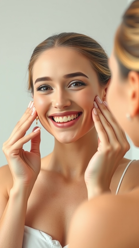 A woman smiling and lifting her cheeks with her hands, demonstrating a cheek lift exercise.