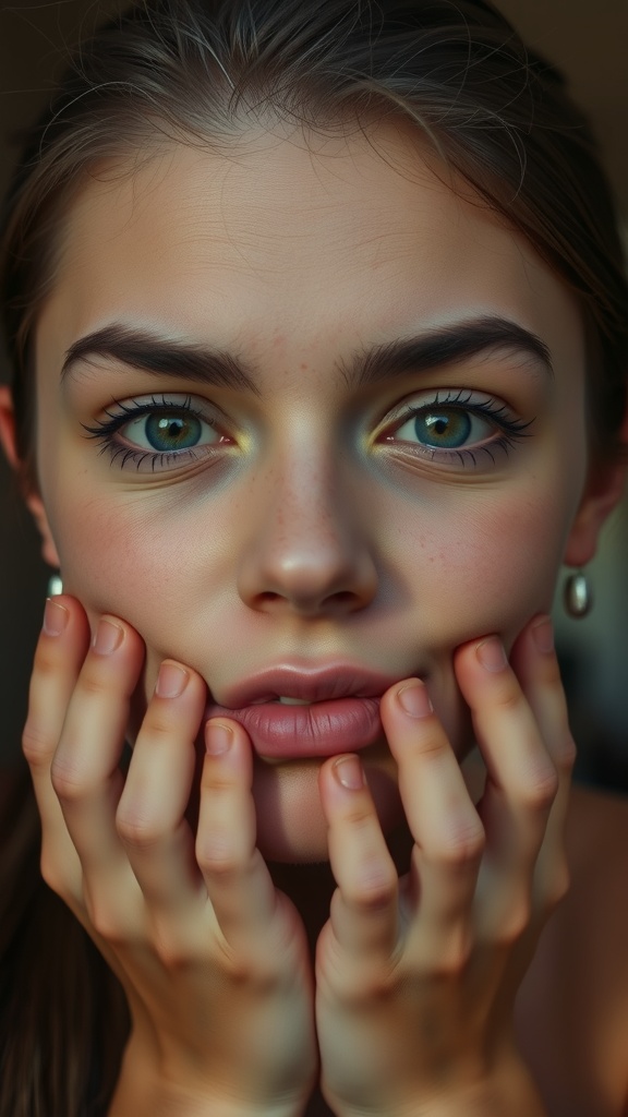 A person demonstrating the Cheek Puff face yoga move, with hands on their cheeks.