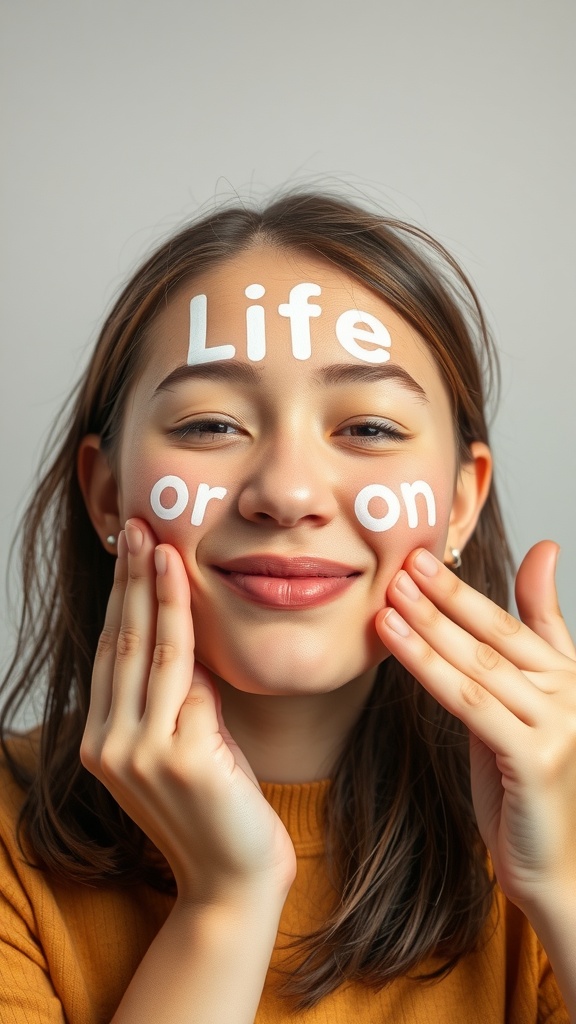 A smiling person with 'Life or on' written on her cheeks, demonstrating cheek puffing exercise.