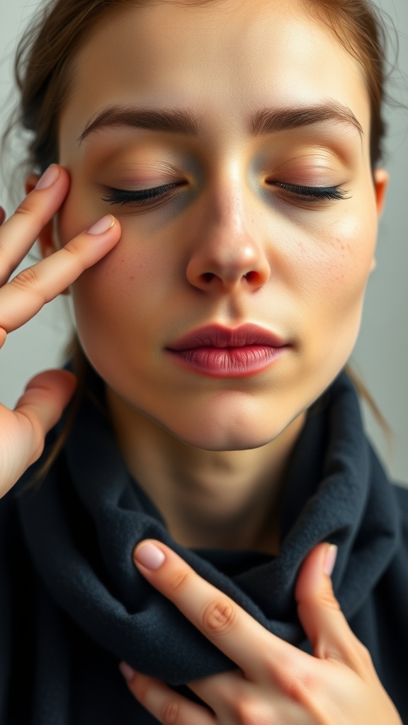 A person practicing a cheekbone enhancement facial exercise with closed eyes and fingers on their face.