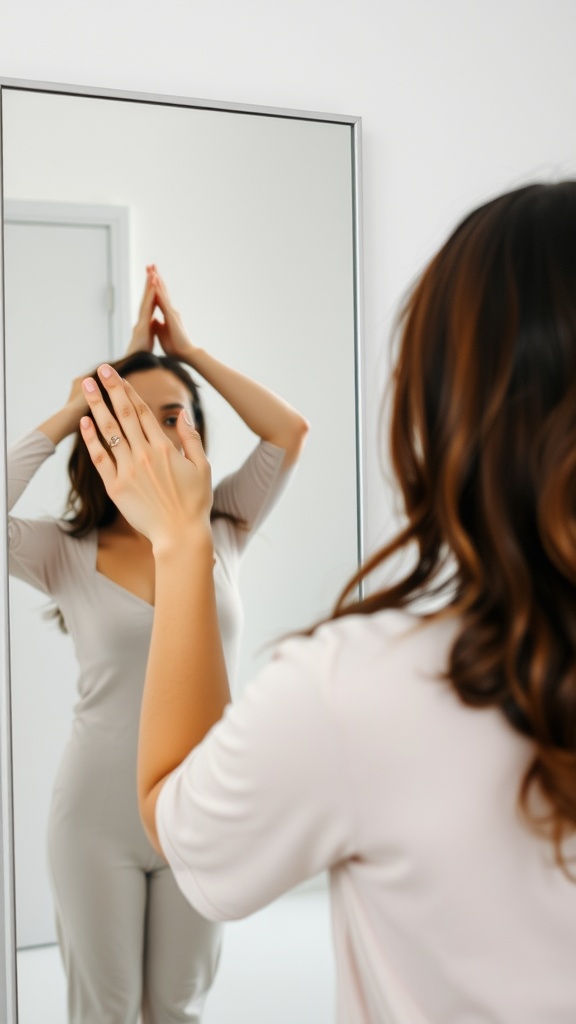 A woman practicing a cheekbone enhancer exercise in front of a mirror.