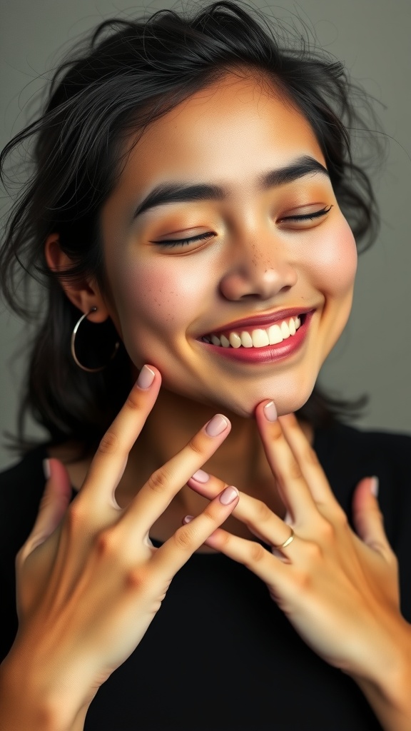 A person smiling with visible cheekbones and hands near their face, illustrating a cheekbone highlighting exercise.