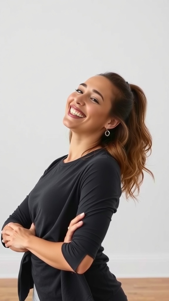 Woman smiling confidently while demonstrating the Cheekbone Lift Exercise