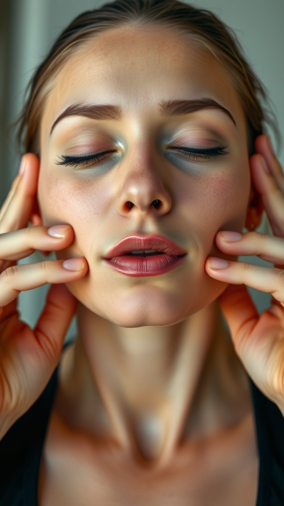A woman with closed eyes performing the Cheekbone Lifter Exercise with her hands on her cheeks.