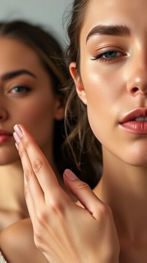 A woman demonstrating the Cheekbone Sculpting Technique with her hand positioned near her cheek