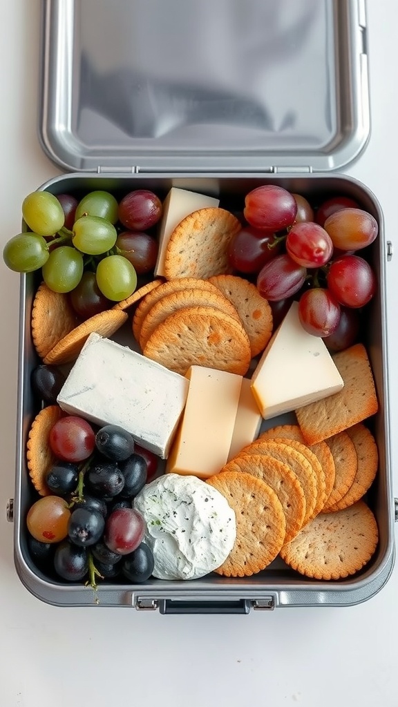 A lunchbox filled with an assortment of cheeses, crackers, and fresh fruits.