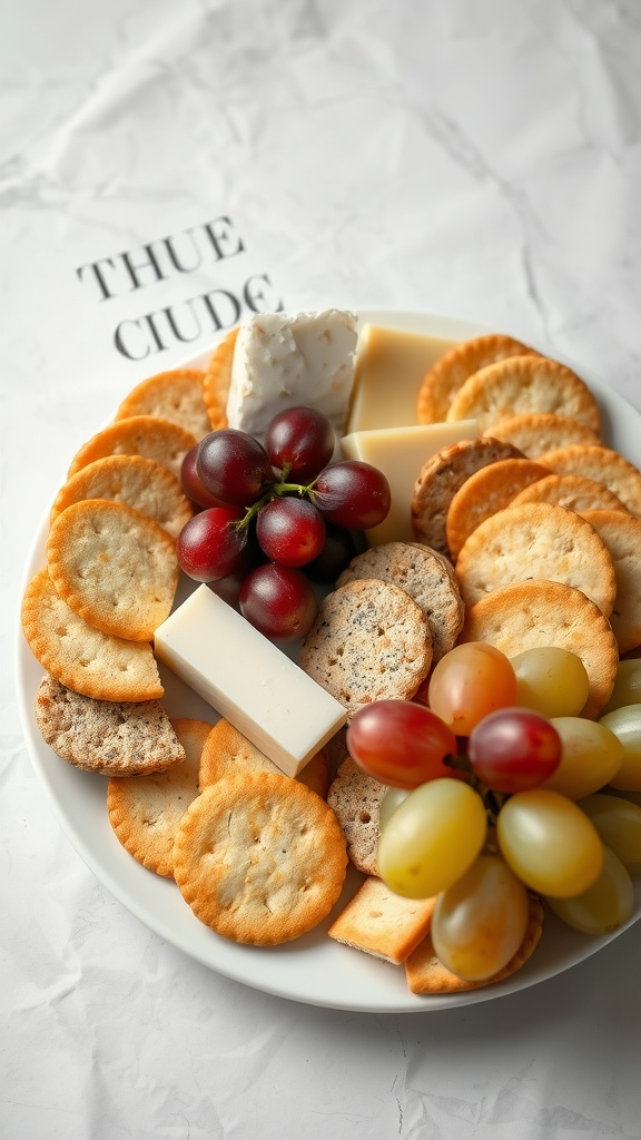 A plate featuring an assortment of cheese, crackers, and fresh grapes.
