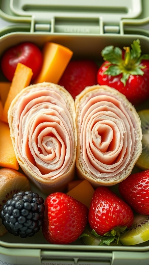 Lunchbox with cheese and turkey roll-ups, assorted fruits, and cheese pieces.