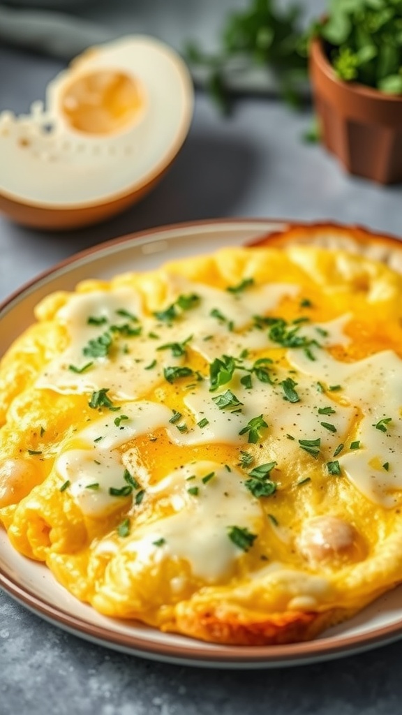 Delicious cheese omelette with herbs served on a plate