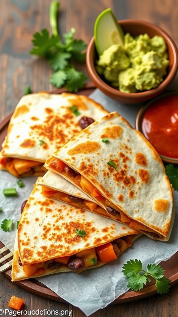 Cheesy Bean Quesadillas served with salsa and guacamole.